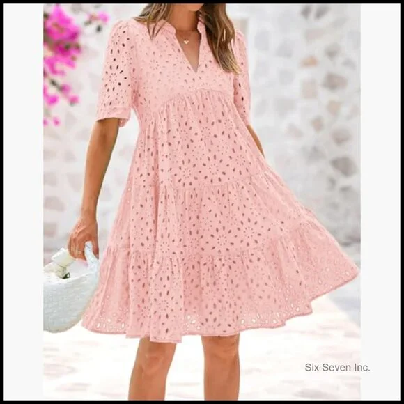 V Neck Short Sleeve Hollow Out Lace Ruffle Casual Mini Dress